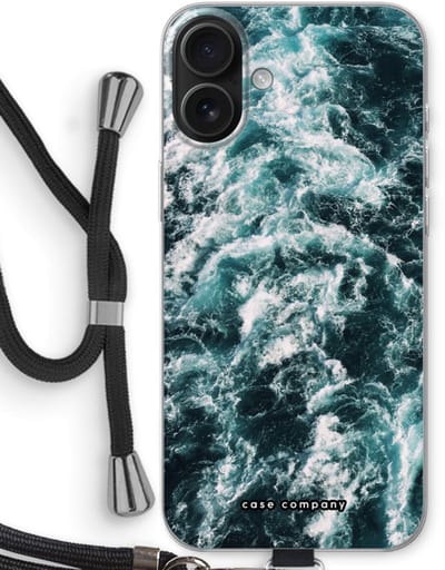 Case Company® - Hoesje met koord geschikt voor iPhone 16 Plus hoesje met Koord - Zee golf - Telefoonhoesje met Zwart Koord - Bescherming aan alle Kanten en Over de Schermrand