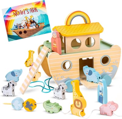 Houten Ark - Bijbels Speelgoed - Educatief Spel - Inclusief Verhalenboek - 25 x 25 x 25 cm - Multicolor