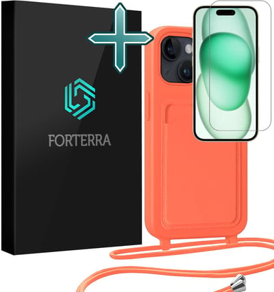 Hoesje Geschikt voor iPhone 15 Plus Pashouder Case Siliconen Hoes Met Koord Met Screenprotector - Hoes Geschikt voor iPhone 15 Plus Met Telefoonkoord Hoesje Back Cover Met Pasjeshouder - Papaya