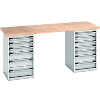 Bott werkbank, staal, B 2000 x D 750 x H 940 mm, draagvermogen 1200 kg, beuken werkblad, 13 laden, lichtgrijs RAL 7035/beuken