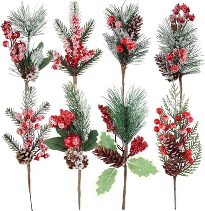 Faux Kerstdecoratie: 8 Stuks Bloemstukken met Dennenappels, Bessen en Dennentakken voor Creatieve Cadeaus en Thanksgiving Versieringen