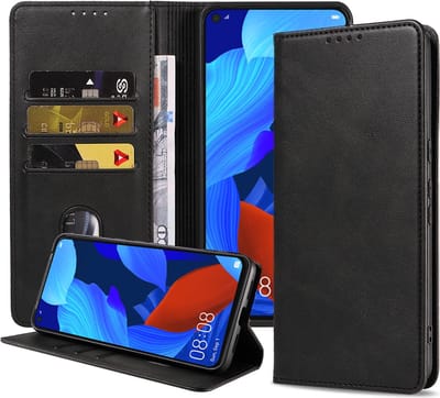 Smartphonica Telefoonhoesje geschikt voor Huawei Nova 5T kunstleren Hoesje met Magnetische sluiting en Pasjeshouders Book Case met Klepje - Zwart geschikt voor Huawei Nova 5T