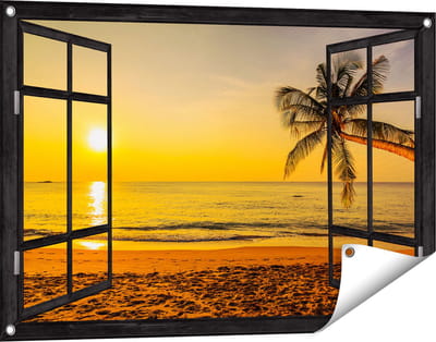 Gards Tuinposter Doorkijk Tropisch Strand tijdens Zonsondergang - 90x60 cm - Tuindoek - Tuindecoratie - Wanddecoratie buiten - Tuinschilderij