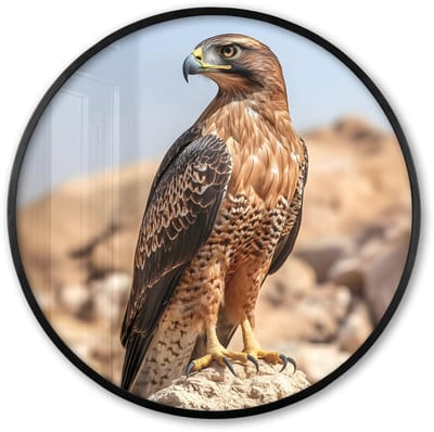 Poster in lijst Rond - Fotolijst 60x60 cm - Posters - Valk - Vogel - Rots - Macht - Ronde posterlijst zwart - Decoratie - Wanddecoratie woonkamer - Muurdecoratie slaapkamer