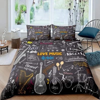 Gitaar Beddengoed Set Punk Rock Muziek Dekbedovertrek Set Voor Kinderen Tieners Jongens Jonge Man Roterend Muziekinstrument Dekbedovertrek 135X200cm-2pcs