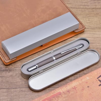 Drukpen met zilveren clip en fijne nib, inklapbaar met drukknop, inclusief inktconverter en metalen penbox, geborsteld mat grijs, perfect voor schrijfliefhebbers en professionals