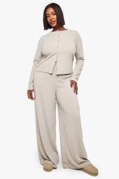 boohoo Dames Plus rib knoop cardigan mouwtop en broek set | Ecru | Maat: 56
