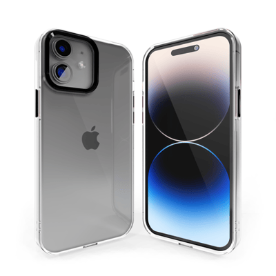 Coverzs telefoonhoesje geschikt voor Apple iPhone 12 hard case met metalen camera bumper - doorzichtige hard cover met opstaande randen rondom camera - camera bescherming - zwart