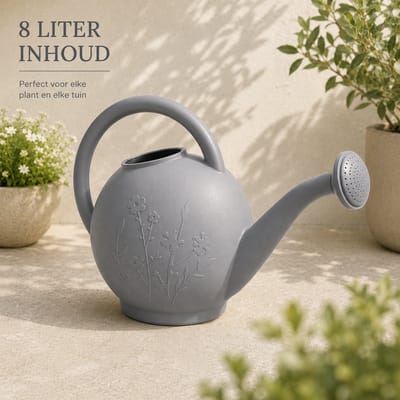 Plantengieter / Gieter 8 Liter – Grijze Kunststof Tuingieter met Sproeikop – Bloemmotief – Voor Tuinplanten, Balkonplanten en Terrasplanten