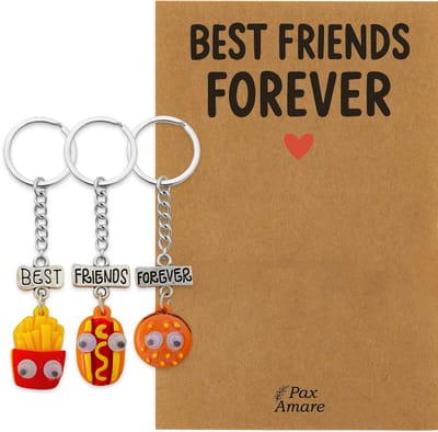 BFF Sleutelhanger voor 3 'Best Friends Forever' - Fast Food Friends - Sleutelhanger set op Cadeau Kaartje - Zilverkleurig - Vriendschap Symbool - Pax Amare