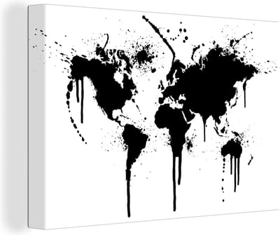 Canvas schilderij 60x40 cm - Wanddecoratie Wereldkaart - Inkt - Zwart - Wit - Kinderen - Jongens - Meisjes - Muurdecoratie woonkamer - Kamer decoratie accessoires - Schilderijen