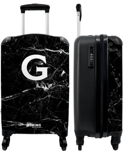 NoBoringSuitcases.com - Zwarte marmer koffer met letter G - Past binnen 55x40x20 cm en 55x35x25 cm - Trolley handbagage initialen zwart - Valiezen met wieltjes volwassenen - Reiskoffer op wielen - Rolkoffer lichtgewicht - Cadeau voor man en vrouw