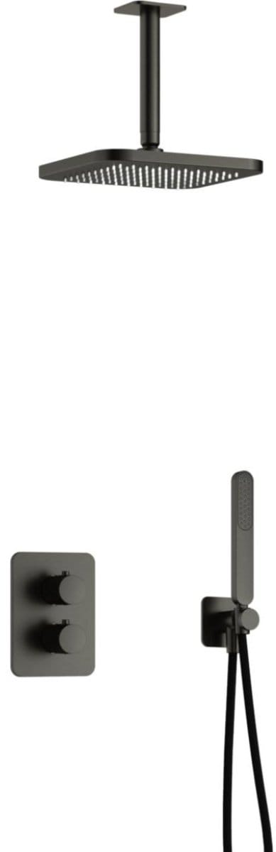 Hotbath Gal - Inbouw Regendoucheset - Geborsteld Gunmetal PVD - Thermostatisch - Plafondbuis 15 cm - Hoofddouche 220 mm - Staafhanddouche - met 2-Weg Stop-Omstel