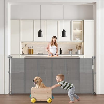 VEVOR Intrekbaar babyhekje 87 cm hoog, uitschuifbaar tot 180 cm breed, hek voor kinderen of huisdieren, gaasmateriaal, eenvoudig te installeren, voor binnentrappen, deuren, gangen, speelkamers, grijs