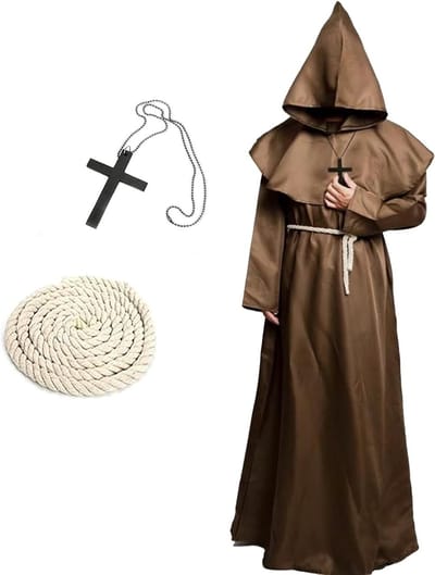 Monnikskostuum voor Mannen, Gewaad met Kap en Kruis, Geschikt voor Halloween, Carnaval en Middeleeuwse Feesten