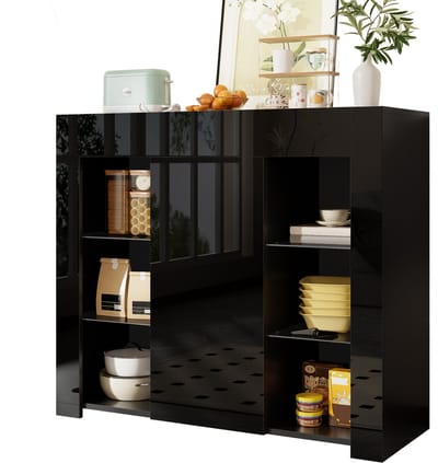 Moderne Zwarte Buffet-Met Hoogglans Front-Kompakte Opberglossing met Glasplanken-Voor Woonkamer, Eetkamer of Keuken-Zwart