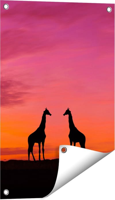 Gards Tuinposter Twee Giraffe Silhouetten bij Zonsondergang - 40x60 cm - Tuindoek - Tuindecoratie - Wanddecoratie buiten - Tuinschilderij