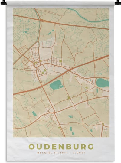 Wandkleed - Wanddoek - Stadskaart - Oudenburg - Kaart - Plattegrond - België - 120x180 cm - Wandtapijt