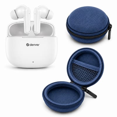Denver - Draadloze - Witte Bluetoothu Oordopjes + Opberghoes Blauw - Earphones - Oortjes + Oplaadcase - Wireless Earbuds - Draadloos