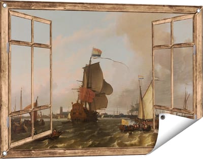 Gards Tuinposter Doorkijk Het Oorlogsschip Brielle op de Maas voor Rotterdam - Ludolf Bakhuysen - 90x60 cm - Tuindoek - Tuindecoratie - Wanddecoratie buiten - Tuinschilderij