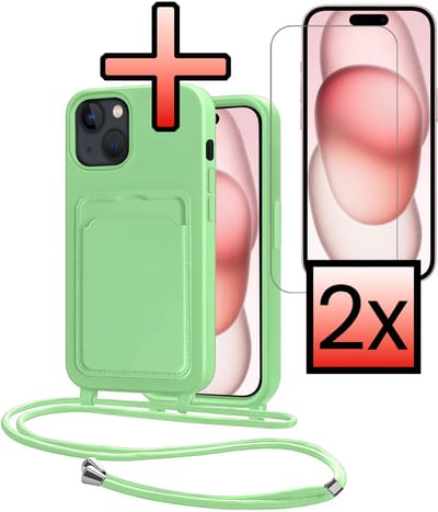 Hoes Geschikt voor iPhone 15 Plus Hoesje Pasjeshouder Cover Met Koord Case Siliconen Hoes Met Telefoonkoord en Kaarthouder Met 2x Screenprotector - Groen