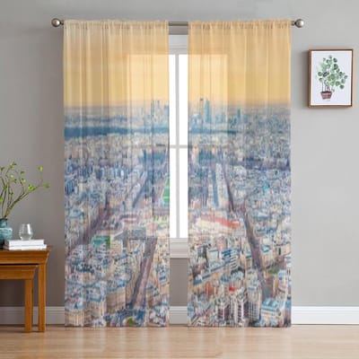 Parijs Uitzicht Met De Eiffeltoren Frankrijk Chiffon Doorzichtig Gordijn voor Woonkamer Slaapkamer Raambekleding Voiles Tule Cortinas 135W x 160H(cm)