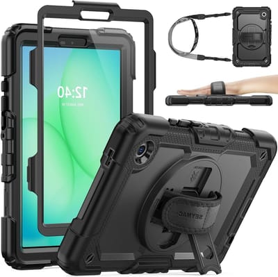 Schokbestendige hoes voor Samsung Galaxy Tab A11/A9 8.7 Inch 2025/2023 met schermbeschermer, 360 graden draaibare standaard, handriem, penhouder en schouderriem, zwart