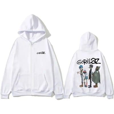Alternative Rock Band Gorillaz Grafische Rits Hoodie Heren Dames Hip Hop Mode Ritsjas Casual Oversized Rits Sweatshirt 3XL wit
