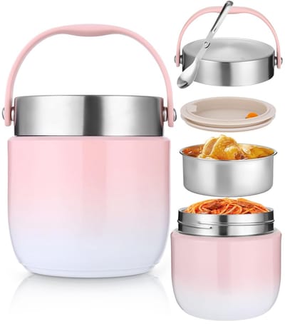 SnelShoppen - Thermocontainer voor eten 1200 ml, Roestvrij Stalen Thermokom met Deksel, Warmhoudcontainer met Opvouwbare Lepel, Lunchbox voor Kinderen