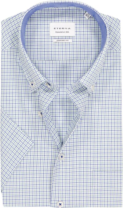 ETERNA comfort fit overhemd korte mouw - twill - wit met groen en blauw geruit - Strijkvrij - Boordmaat: 41