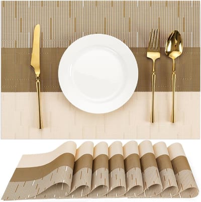 Set van 8 Wasbare en Vlekbestendige Placemats, Hittebestendige en Antislip Tafelmatten voor Binnen en Buiten, Ideaal voor Keuken en Eetkamer (Beige Lichtbruin)