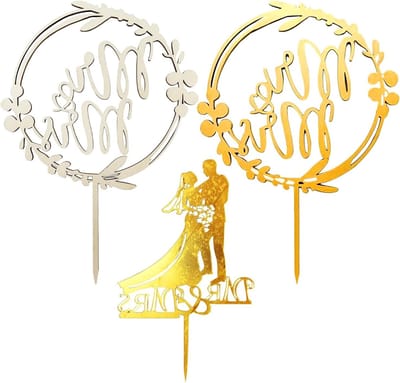 Drie Delige Huwelijks Taart Decoratie Set, Houten en Acryl Taart Inserts voor Verloving en Huwelijksjubileum (Goud, Houtkleur)