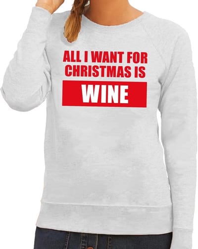 Bellatio Decorations Foute kersttrui - sweater - All I Want For Christmas Is Wine - grijs - dames - Kersttruien - Drank - Wijn XS