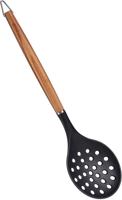 Arte R Kook/keuken gerei - Schuimspaan - zwart/bruin - kunststof/hout - 34 cm