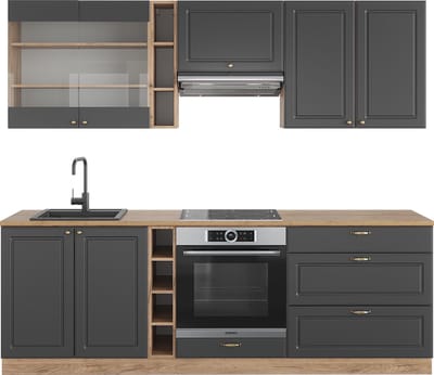 Vicco Fame-Line Complete keukeneenheid – 235 cm zonder werkblad Antraciet Landhuis/Goud Kraft Eik