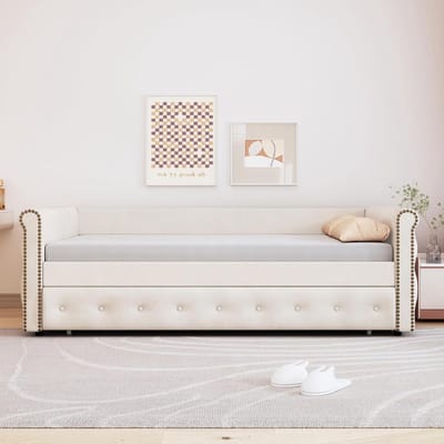 Gestoffeerd kinderbed - Uittrekbare slaapbank - Logeren en slapen - Huidvriendelijk fluweel - 90 x 200 cm - Beige