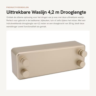 Dailygoods- Waslijn Uittrekbaar 4,2 m - Wanddroger - Roestvrij Staal - Compact - 30 kg Draagkracht - Inclusief Bevestigingsmateriaal - Droogrek