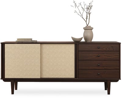 SIMONA-dressoir van massief hout met rotanvlechtwerk – in notenkleur