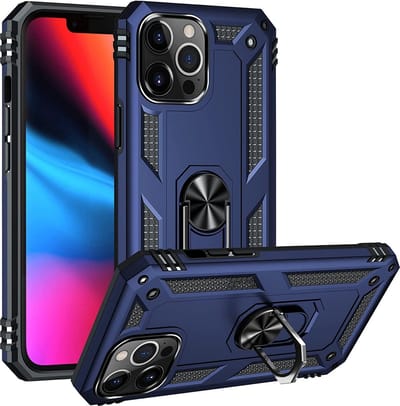 HB Hoesje Geschikt voor Apple iPhone 13 Pro - Blauw - Anti-Shock Hybrid Armor Back Cover - Hoes met Kickstand Ring