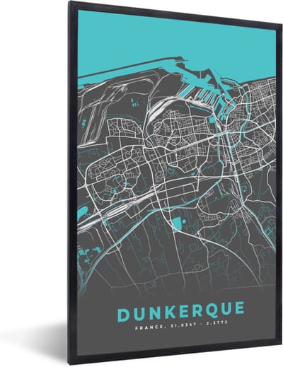 Fotolijst incl. Poster - Frankrijk - Kaart - Dukerque - Stadskaart - Plattegrond - 40x60 cm - Posterlijst