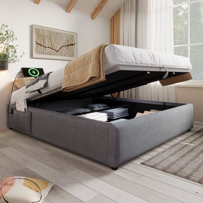 Wishdor Gestoffeerd Opbergbed 140x200 cm – Zonder Hoofdbord – Hydraulisch Opbergvak – USB en Type-C – Katoen-Linnen – Grijs