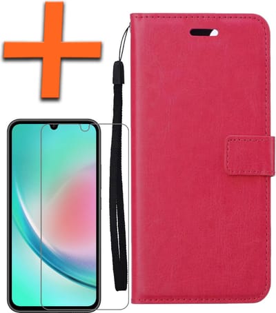 Hoes - Met Screenprotector - Geschikt voor Samsung Galaxy A34 - Luxe Pasjeshouder - Bookcase Portemonee - Flip Case - Kunstleer Book Case - Flipcase - Book Cover - Walletcase - PortemonneeHoes - Donkerroze