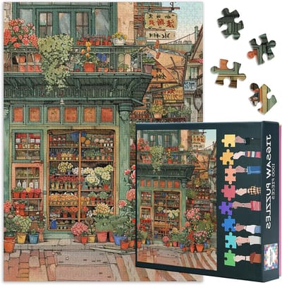 Puzzel voor volwassenen, 1000 stukjes, bloemenwinkelmotief vol kleurrijke bloemen en groene potplanten, 70 x 50 cm