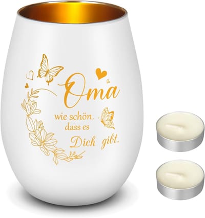 Glazen Kaarsenhouder met 2 Witte Tealights, Gegraveerde Cadeau voor Grootmoeder, Perfect voor Verjaardag, Moederdag en Kerstmis