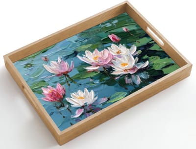 Dienblad hout 50x35 cm - Schootdienblad - Waterlelies - Bloemen - Roze - Water - Borrelplank rechthoek - Plateau dienbladen