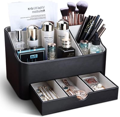 Make-up Organizer van PU Leer met Lade voor Cosmetica en Huidverzorging - Zwart, Perfect voor Tafelgebruik