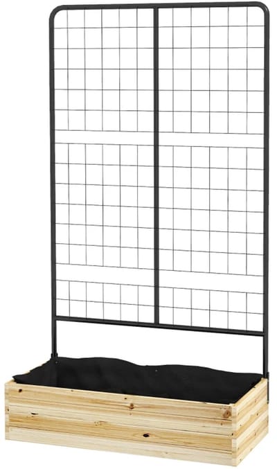 Plantenbak met Klimrek - Verhoogd Bloembak met Fleecevoering - Tuinrek - Tuinbed - Plantenrek - Tuinbak - voor Bloemen, Fruit, Groenten & Kruiden - 80 x 38 x 145 cm - Staal - Natuurlijk Hout - Zwart