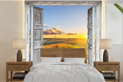 Behang - Fotobehang Doorkijk - Platteland - Landschap - Zon - Breedte 350 cm x hoogte 350 cm