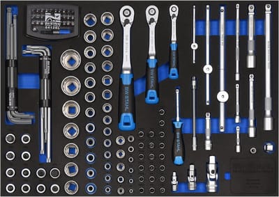 SW-Stahl Z3011-14 assortiment werkplaatswagens, dopsleutel 1/4", 3/8", 1/2", met ratels, 144 delig I gereedschapswagen inzetstukken I professionele werkplaatsuitrusting I gereedschapsinzet uitgerust voor voertuigen I