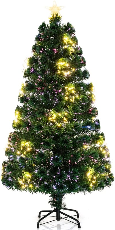 COSTWAY Kunstkerstboom met verlichting, 150 cm dennenboom van glasvezel met 24 warmwitte ledlampen en 170 takpunten, verlicht met sterpunt, voor thuis en op kantoor